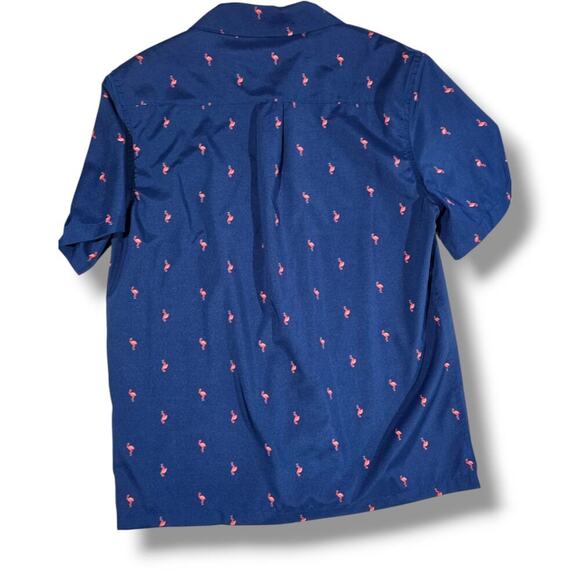 Geoffrey Beene men's blue with pink Flamingos short sleeves button-down shirt - Picture 2 of 7
